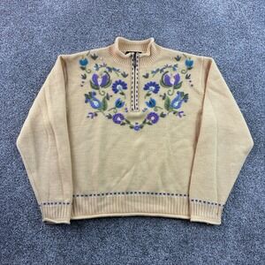 Icelandic Design Sweater Women's L Yellow Merino Wool Floral Embroidered 1/4 Zip